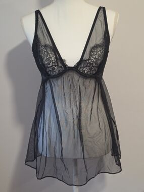 Victoria's Secret Feminine Sheer Black Lace Babydoll Chemise Women's Size 36C